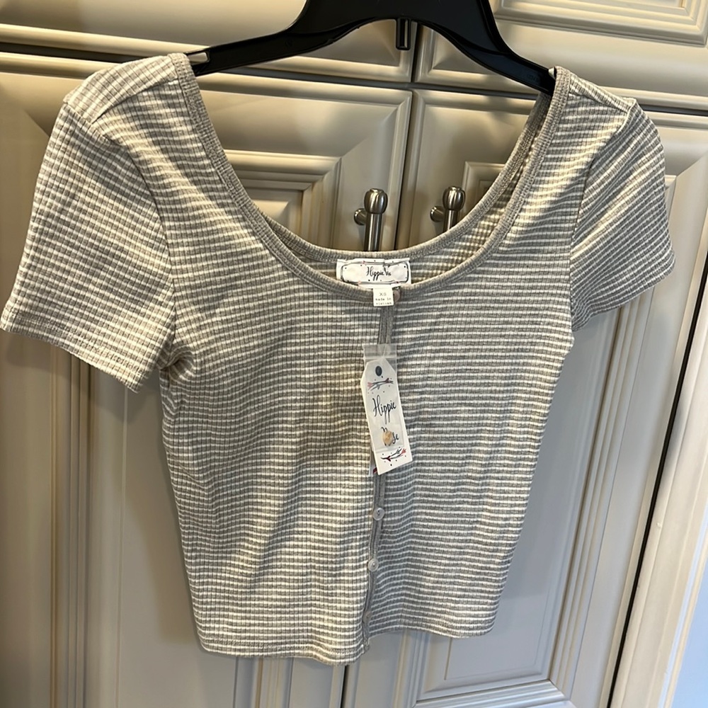 NWT Hippie Rose XS Grey Ivory Stripe Crop Top